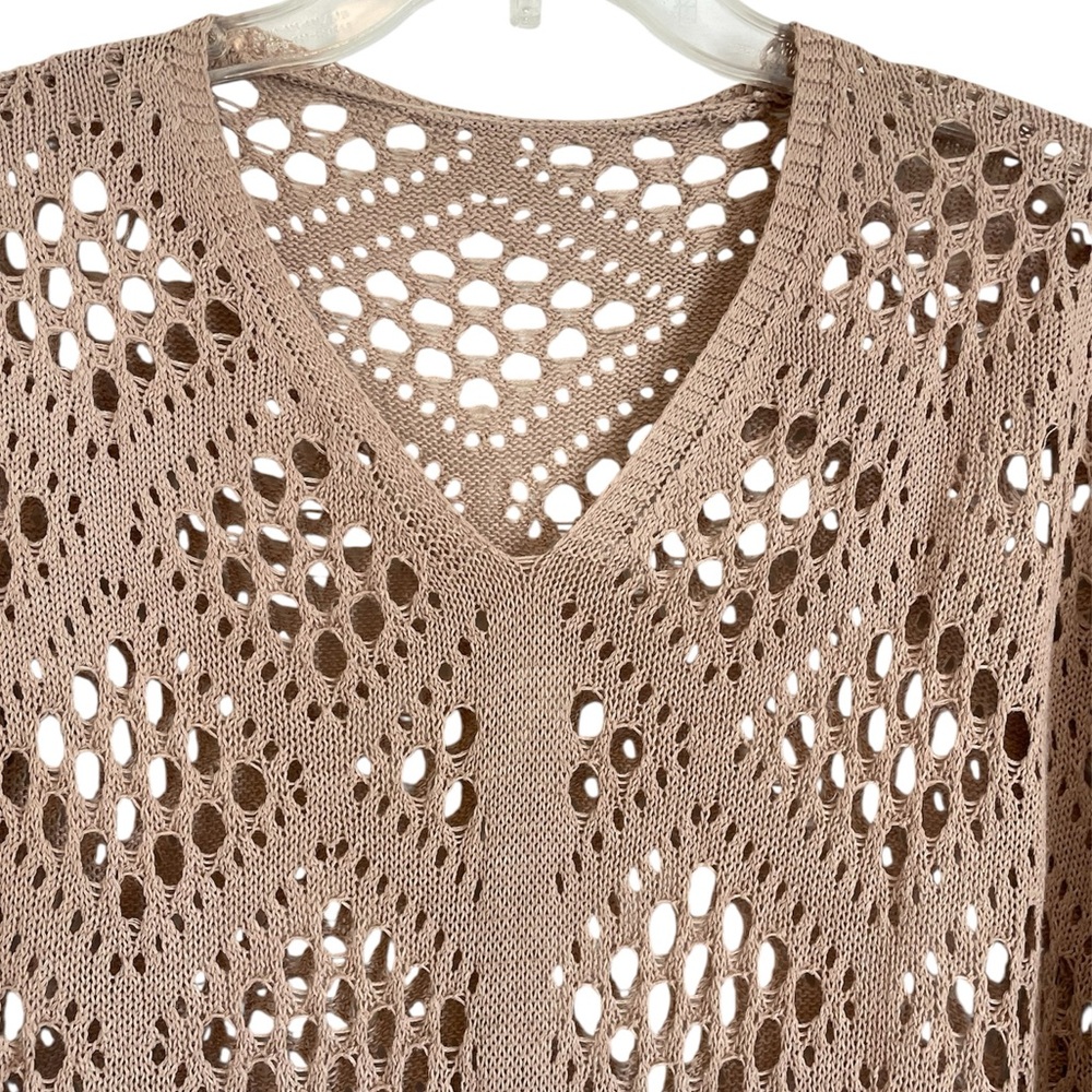 Crochet Fisherman Boho-Chic Open Weave Short Sleeve Taupe Sweater, Size Medium - Picture 4 of 10